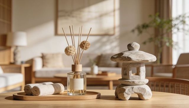 Minimalist reed diffuser and stone lantern on wooden tray in serene rattan living room
