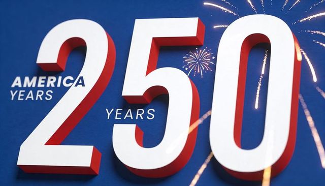 Glowing 250 anniversary graphic celebrating america with fireworks and bold 3d typography