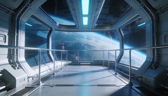 Panoramic spacecraft observation deck overlooking earth through wide futuristic viewport