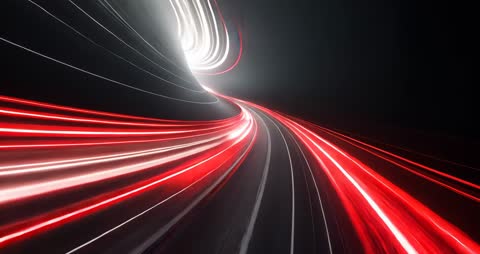 Moving through Futuristic Red and White Light Tunnels