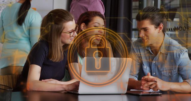 Image of security padlock and connections over diverse business people in office. Global online security, business, cloud computing and data processing concept digitally generated image.