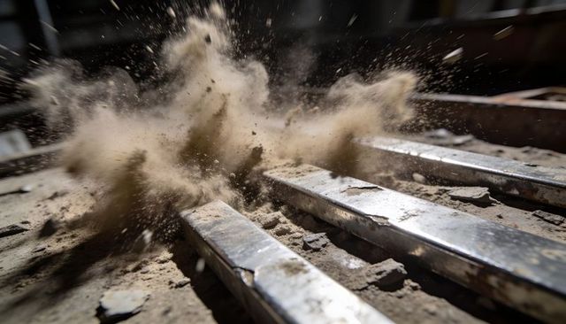 Bursting dust cloud rising over parallel metal rails in industrial workshop