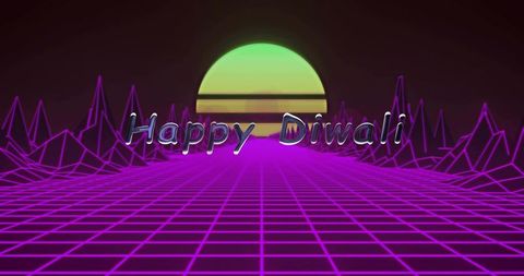 Retro synthwave happy diwali neon grid with chrome text and futuristic sunset