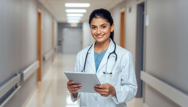 Smiling Female Doctor with Digital Tablet in Hospital Corridor