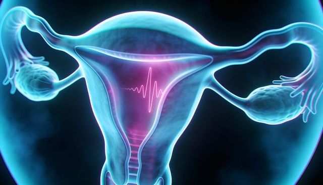 Glowing neon uterus and ovaries with ecg waveform visualizing reproductive health