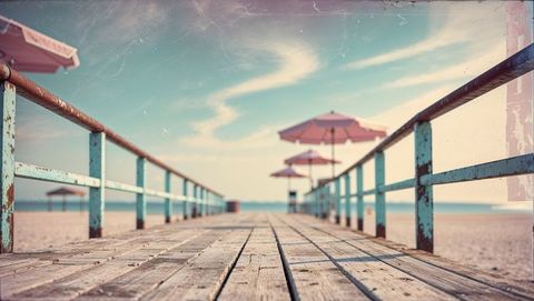 Vintage coastal boardwalk with pink umbrellas and turquoise rails