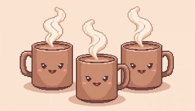 Kawaii pixel coffee mugs trio with steaming cream curls retro pastel illustration