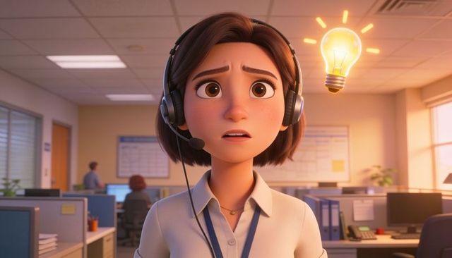Female support agent wearing headset reacting to lightbulb idea in open office