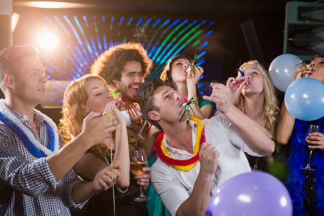 Group of friends enjoying a lively celebration in a bar, blowing party horns and holding drinks. Ideal for use in advertisements for nightlife venues, party supplies, or social events. Perfect for illustrating themes of friendship, celebration, and fun.