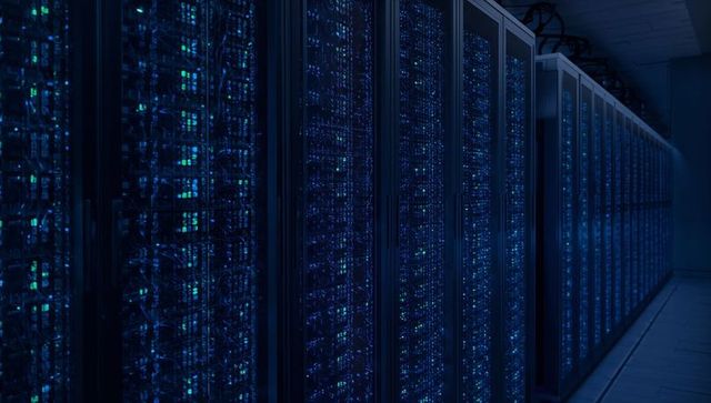 Glowing server racks stretching down data center aisle with blue led network lights