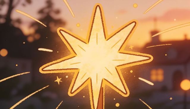 Sparkling eight-point star wand glowing at dusk, emitting warm spark trails and bokeh lights