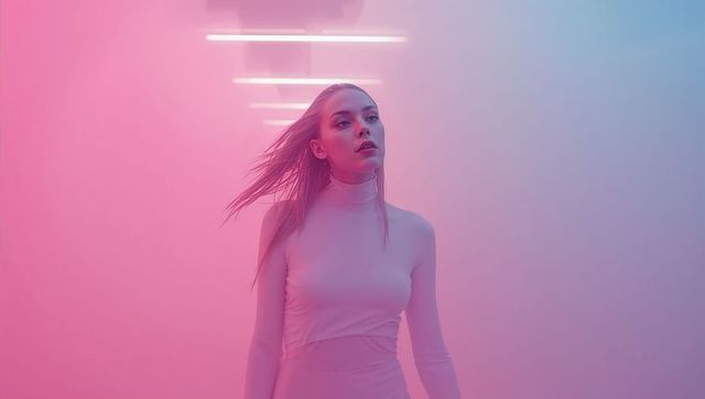 Futuristic Concept: Woman in Neon Pink and Blue Haze