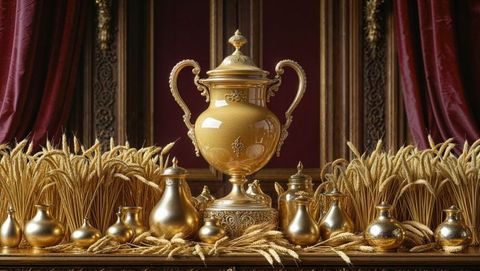Ornate golden urn with vases and wheat in luxurious interior