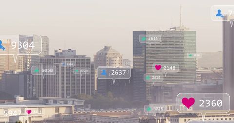 Social Media Notifications Overlaying Urban Skyline