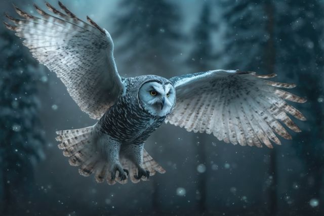 Snowy owl flying gracefully amid snowfall in a dense winter forest. Majestic and powerful bird of prey highlighting wildlife in its natural habitat. Ideal for nature and wildlife blogs, educational materials, environmental conservation campaigns, and animal documentaries. Beautiful detail in feathers and wings, representing strength and grace in the wilderness.