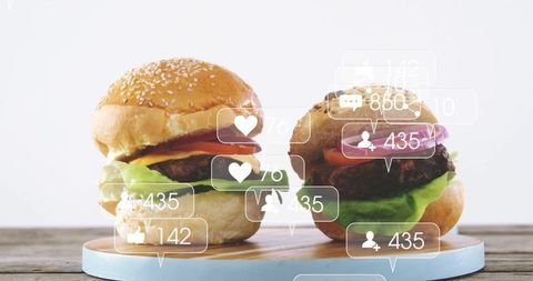 Juicy Gourmet Burgers with Social Media Engagement Icons