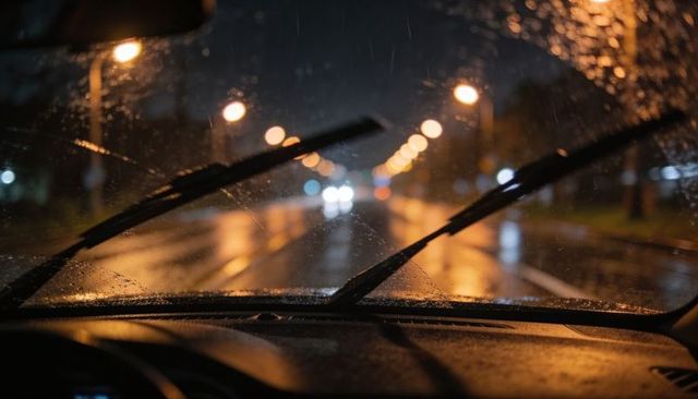 Wipers Sweeping Rain from Windshield on Wet Night City Street with Headlight Bokeh Reflections