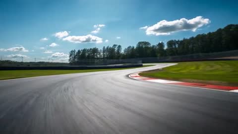 Dynamic Racing Scene on Curving Asphalt Track Surrounded by Nature