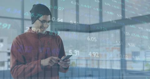 Man Analyzing Stock Market Data on Smartphone with Transparent Financial Graphs