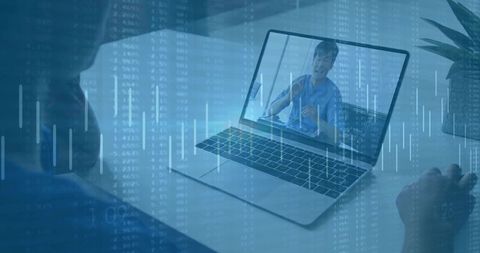 Colleague in virtual meeting on laptop with statistical overlay