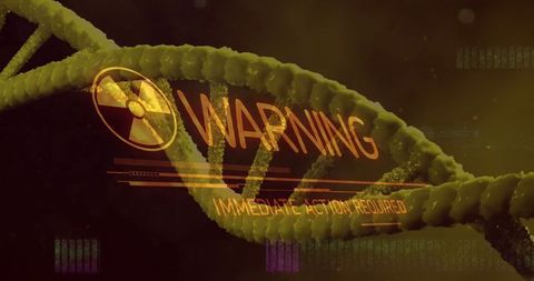 DNA Strand Overlaid with Warning Symbol Text