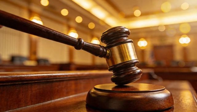 Wooden judge gavel resting on sound block in ornate courtroom with brass band detail