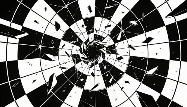 Monochrome vortex of shattered target spiral high-contrast geometric radial fragmentation