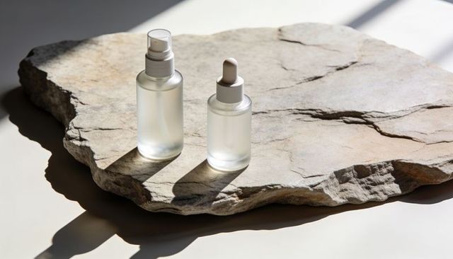 Minimalist frosted glass skincare bottles casting long sunlit shadows on natural stone slab
