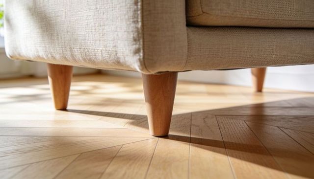 Beige sofa lower section casting long diagonal shadows on herringbone oak floor cozy minimal