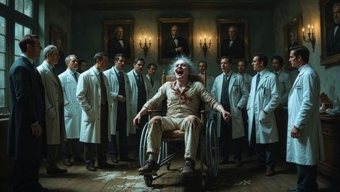 Distressed patient in medical ward with doctors observing a crazy emotional scene