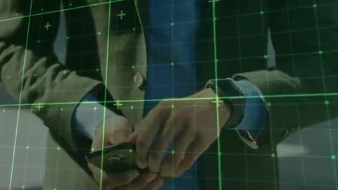 Person Using Smartphone with Virtual Grid Overlay