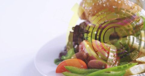 Futuristic hud overlay on gourmet veggie sandwich with sesame bun and fresh greens