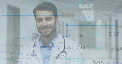 Smiling Doctor with Stethoscope and Data Overlay