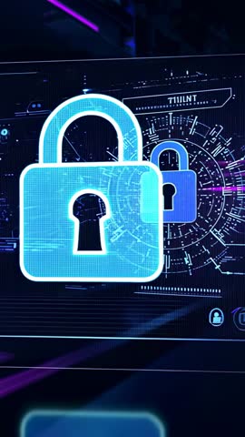 Vertical Video: Holographic Padlock Scaling Forward on Neon Cybersecurity Interface