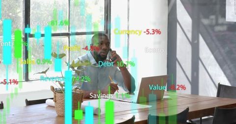Business Professional Analyzing Data with Infographics Overlay