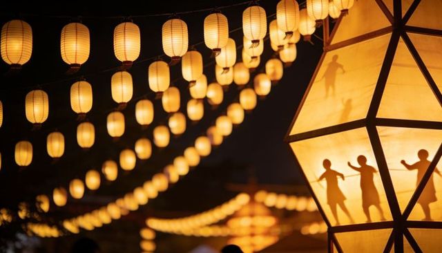 Warm lantern festival featuring geometric shadow figures and bokeh strings of paper lanterns
