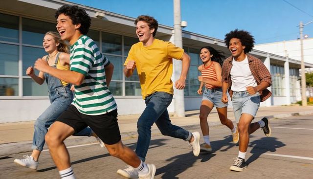 Energetic group of teens sprinting along urban street, laughing and enjoying summer freedom together