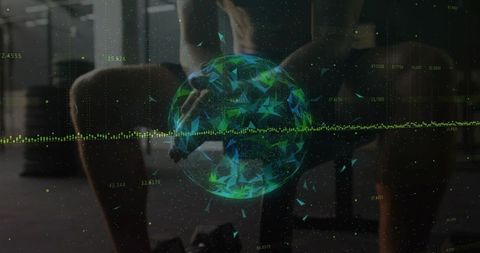 Performing bent-over row with holographic data globe overlay, fitness and augmented reality fusion