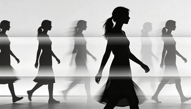 Walking silhouettes forming light bands, motion blur and repetition in monochrome