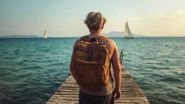 Traveler Gazing over Sea from Wooden Pier with Brown Backpack and Sailboats at Sunset