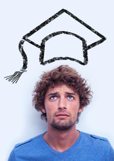 Tensed man looking up with illustration of graduation cap suggests concern about academics. Perfect for educational websites, student counseling materials, articles about academic pressure, and higher education advertisements.