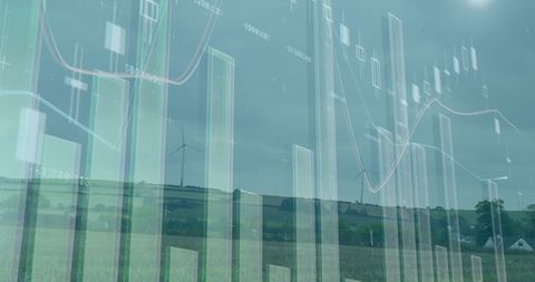 Financial data overlay on sustainable green energy landscape