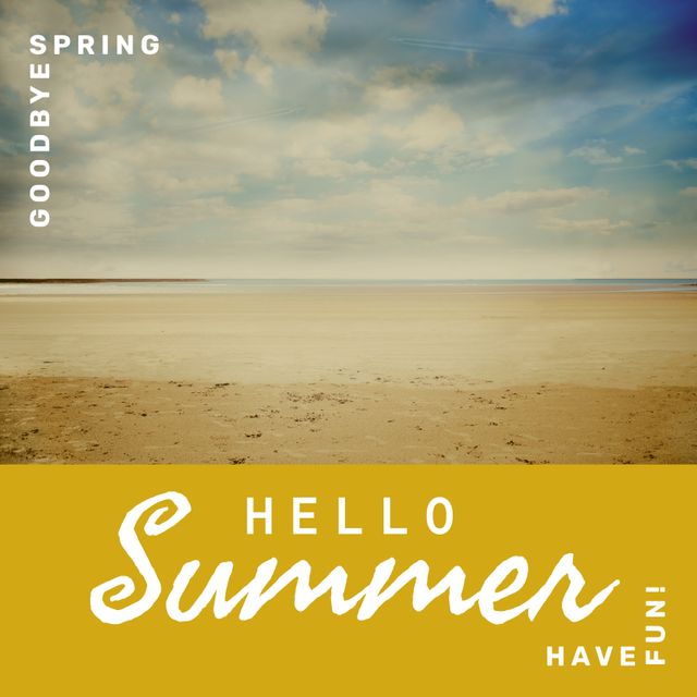 Ideal for summer promotions, travel brochures, seasonal greeting cards, and social media posts, this image featuring 'Hello Summer' and 'Have Fun' text welcomes summer with a scenic sandy beach and blue sky. Perfect to evoke feelings of warmth, relaxation, and joy.