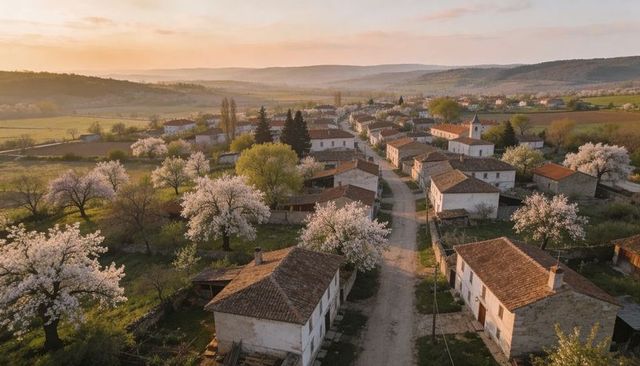 Golden-hour aerial view of spring village with blossoming orchards and sunlit stone houses