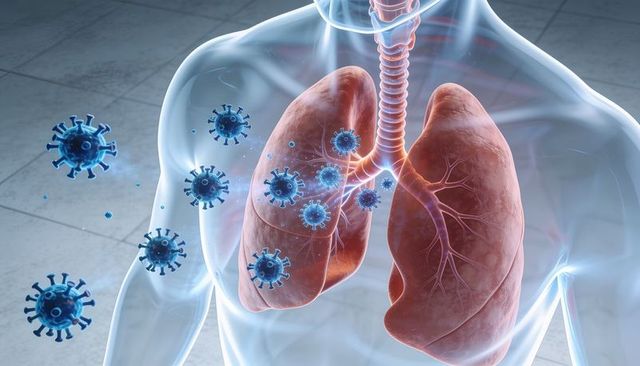 Transparent torso visualizing lungs under viral attack with trachea and bronchi 3d medical illustrat