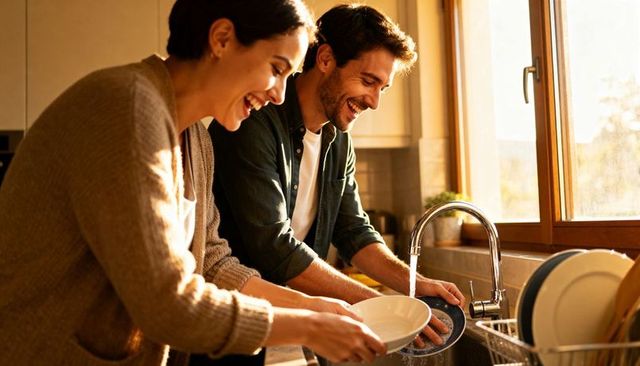 Couple washing dishes together at sunlit kitchen sink, laughing and collaborating