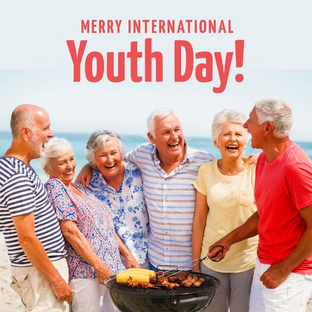 Image of merry international youth day and happy caucasian senior friends grilling on beach. Friendship, human relationship, youth and spending time together concept.