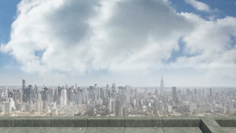 Snowfall Over Metropolitan Cityscape in Winter