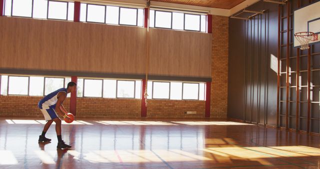 Basketball Player Practicing in Gymnasium with Natural Light - Download Free Stock Images Pikwizard.com