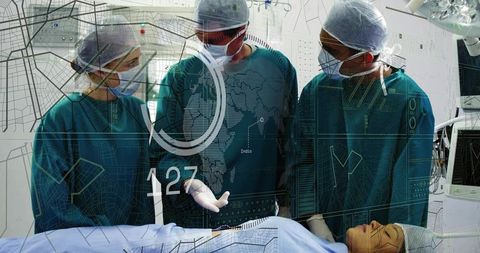 Surgical team using augmented reality HUD while operating on patient in modern OR